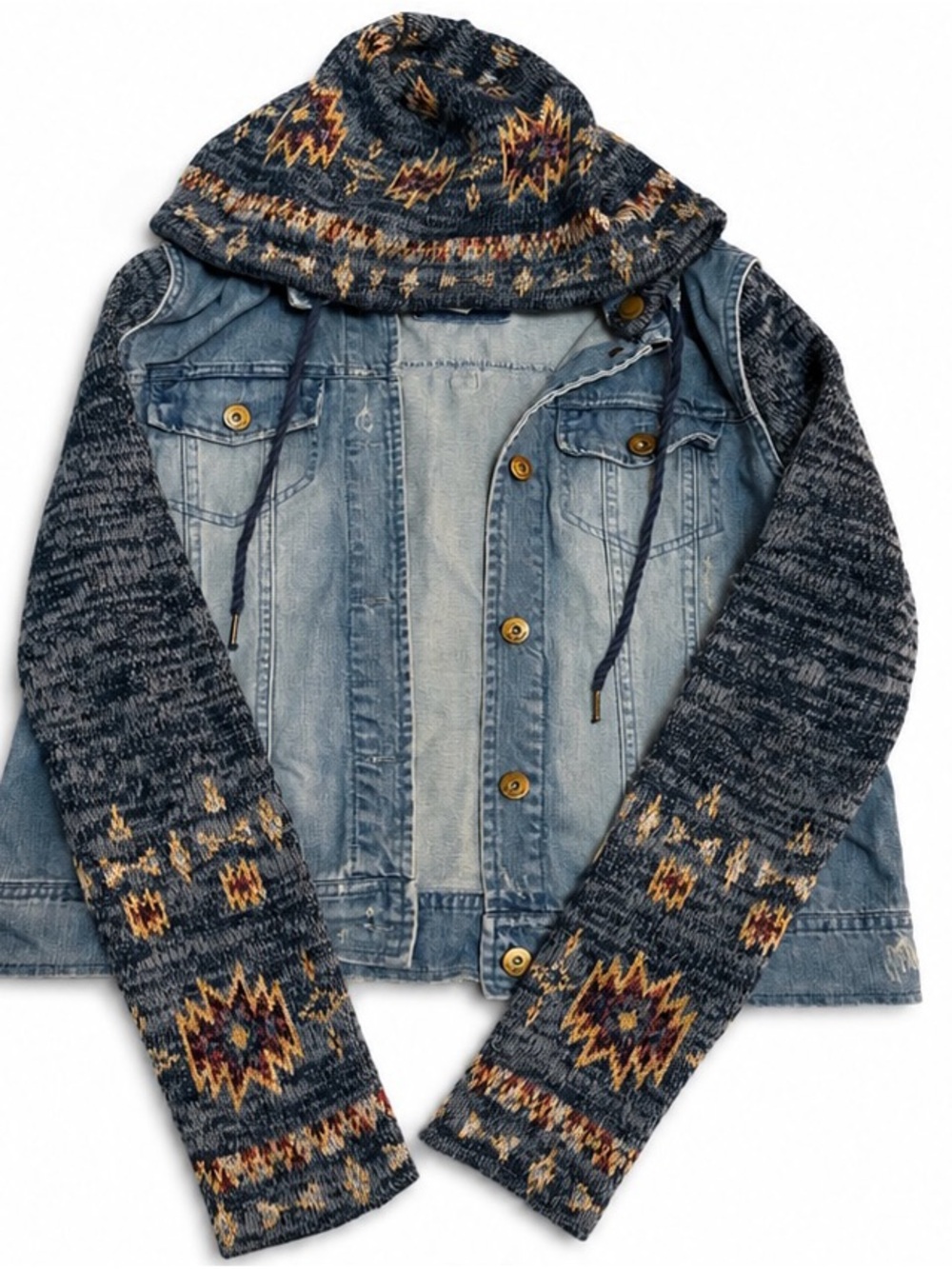 Girls Hooded Denim Jacket with Navy Aztec Knit Sleeves